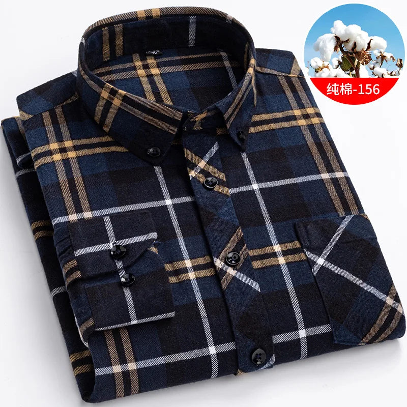 Cotton Mens Checkered Shirts Long Sleeve Soft Plaid Shirt Button Up Regular Fit Leisure Classical Vintage Comfortable Man Tops