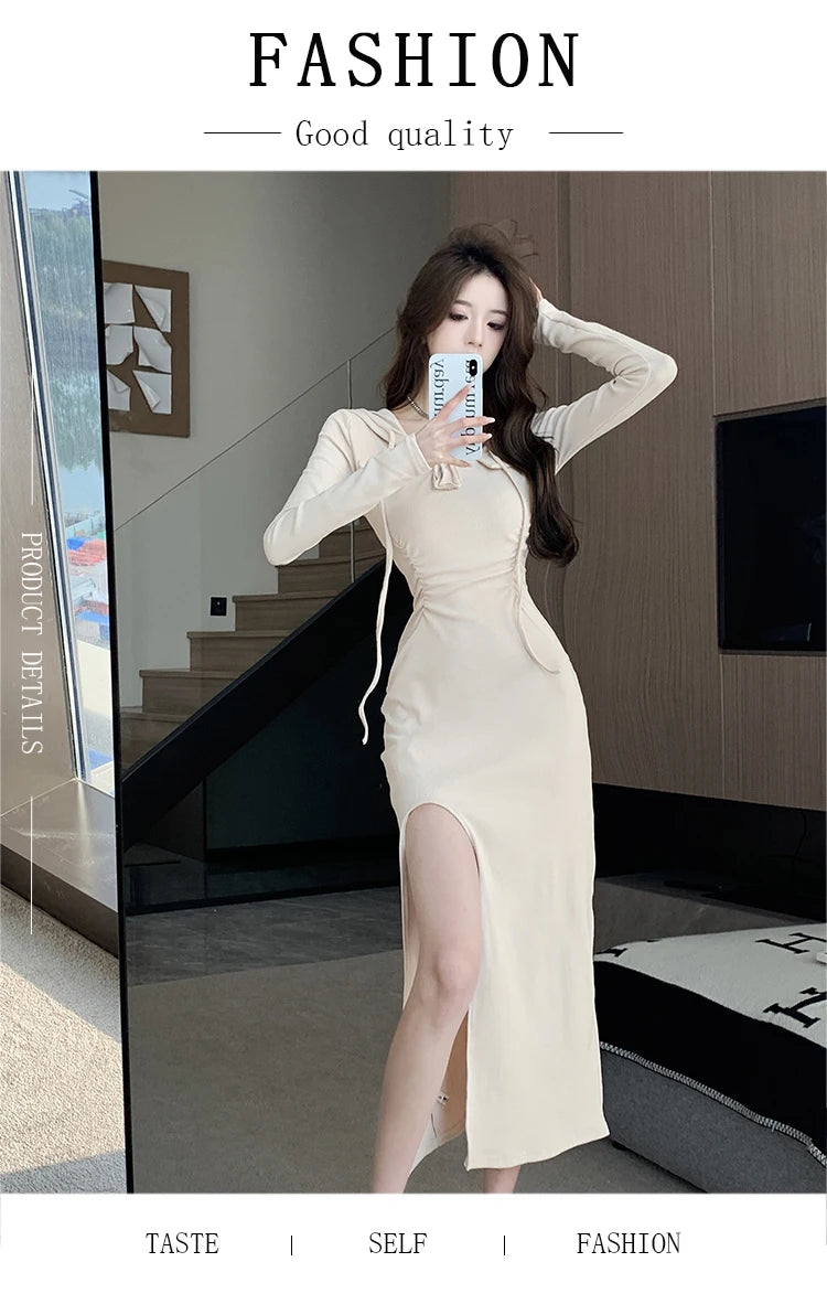 Autumn Fashion Solid Hooded Party Dresses for Women Elegant Birthday Evening Dress Female Sweatshirt Slit Midi Vestidos Mujer - reetell