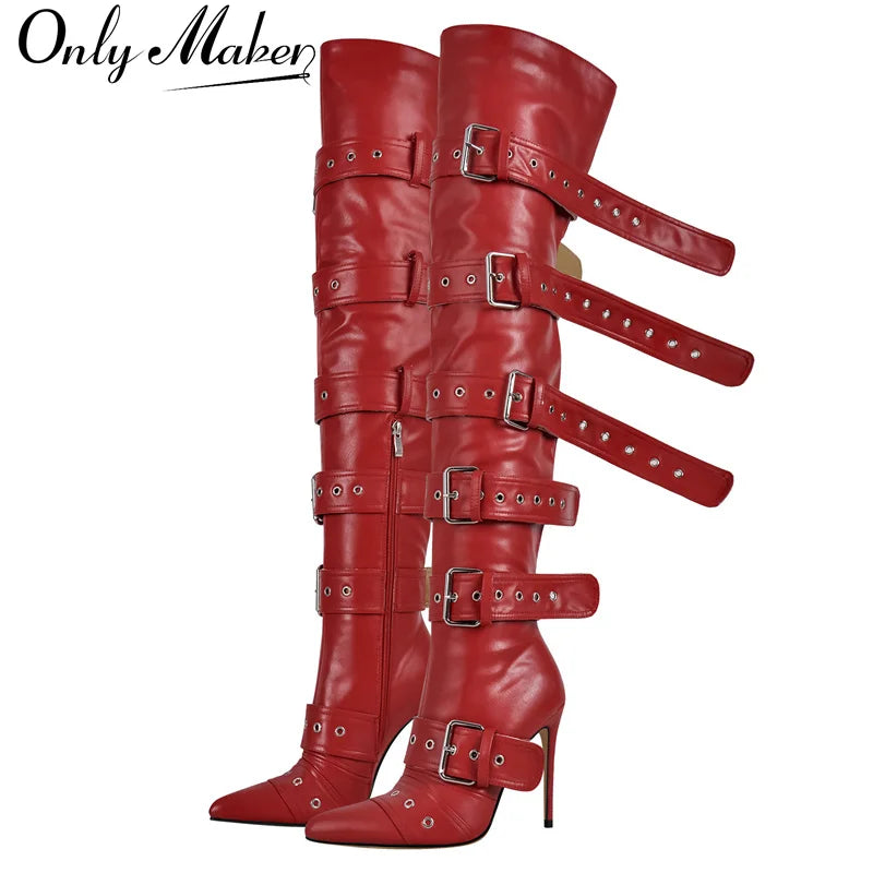 Onlymaker Women Pointed Toe Red Over The Knee Boots Buckle Strap Thin High Heel Lady Zipper Female Thigh High  Stiletto Boots