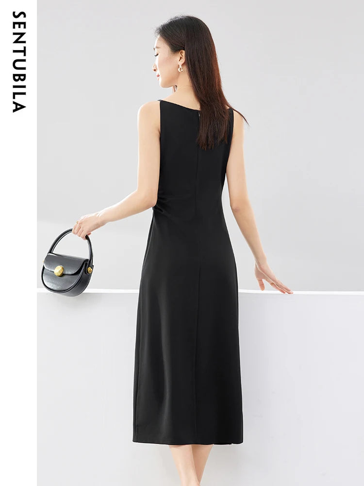 SENTUBILA Ruched Black Dress Women 2024 Spring Summer Party Slim Temperament Slash Neck Sleeveless Lady Midi Dresses Q33L52443 - reetell