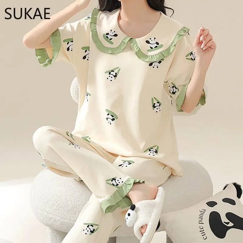 SUKAE Summer Women Pajamas Set Plus Size M-5XL Cotton Women's Pajama Short Sleeves Nightwear Sleepwear Korean Pijamas for Girl