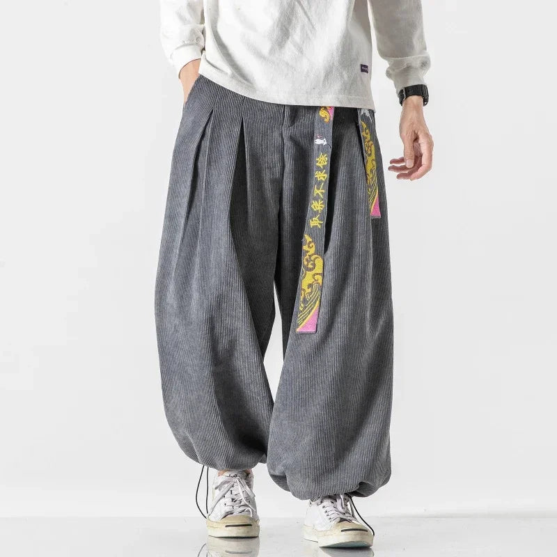 Chinoiserie Belt Men Pants Fashion Loose Harajuku Sports trousers Hip Hop Jogging Pants Corduroy Casual Couple Harem Pants M-5XL