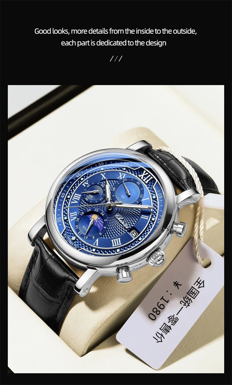 Chenxi 976 Leather Chronograph Date Men's Phase Of The Moon Timing Business Luminous Quartz Watch Relojes para hombres