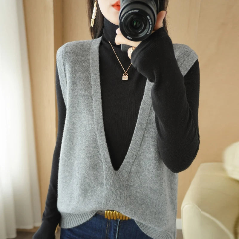 Autumn And Winter Knitted Pullover Vest Loose Big V-Neck Fashion All-Match Solid Color Outer Wear Sexy Regular Women's Sweater - reetell