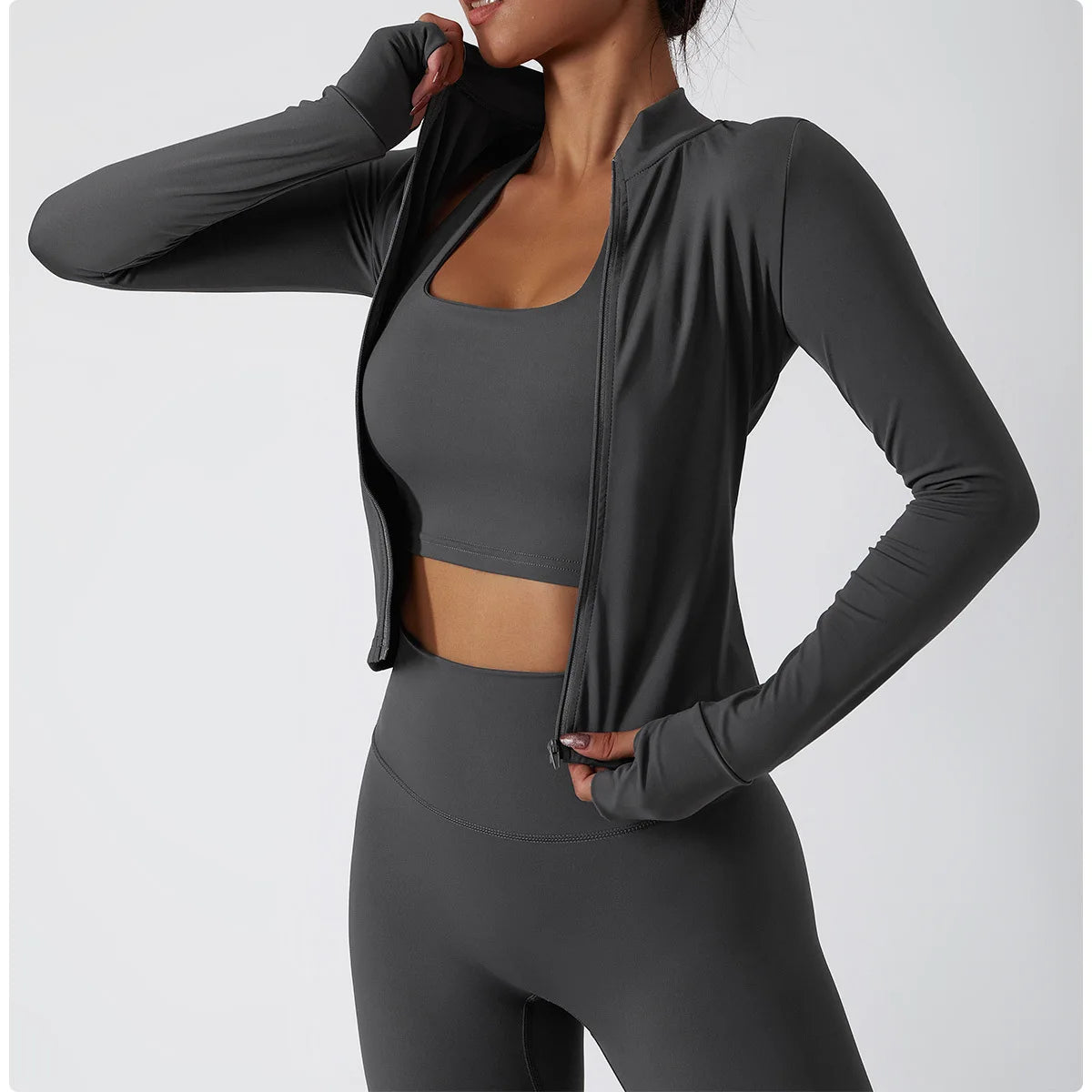 Autumn And Winter Elasticity Zipper Running Workout Jacket for Women Long Sleeve Gym Quick-drying Yoga Train Jacket Sport Coat