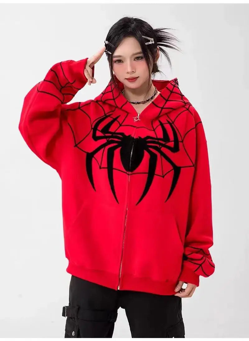 Gothic Y2k Anime Embroidery Zipper Spider Hoodies Men Sweatshirt Clothes Harajuku Oversize Hip Hop Long Sleeve Hoodie Men Women - reetell