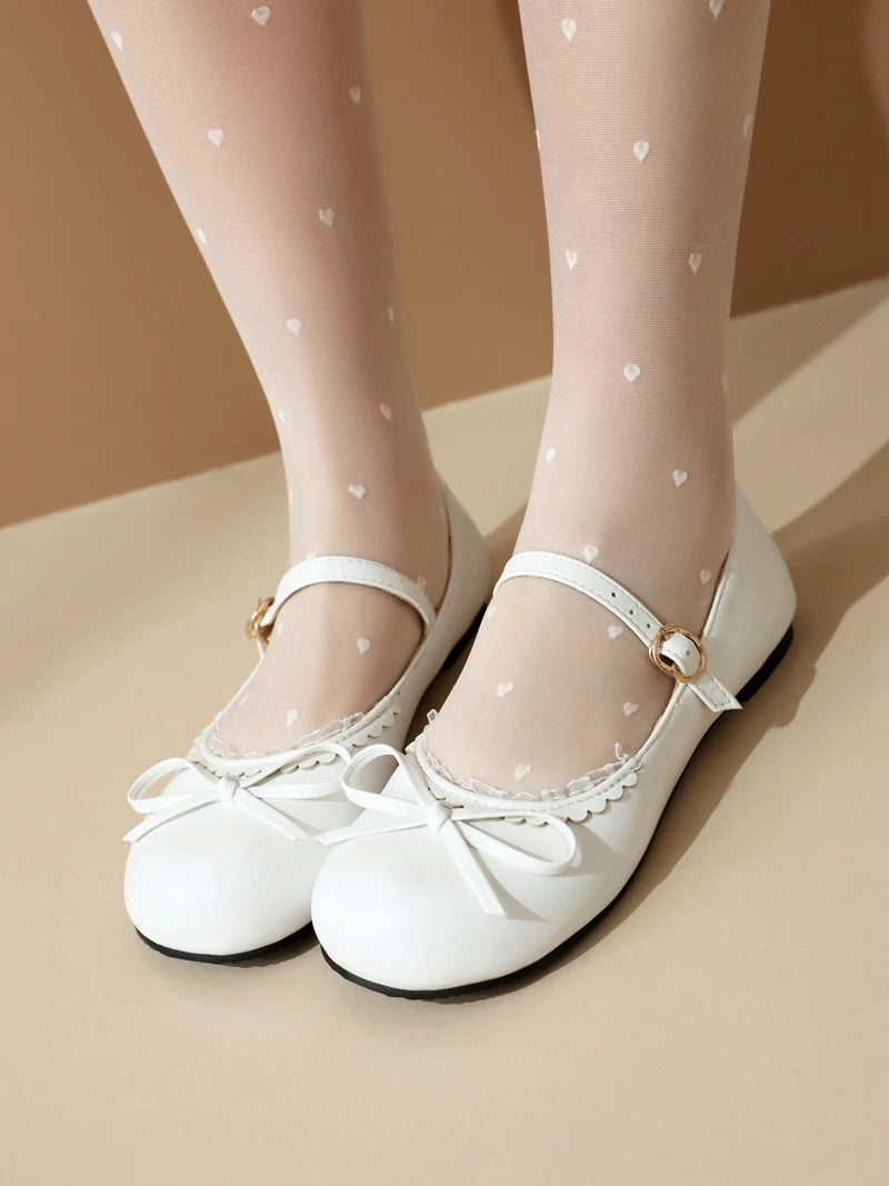 Spring Autumn Pink White Mary Janes Flat Shoes Woman Round Toe Buckle Strap Lolita Girls Student Ballet Flats Plus Size 43 44 45 - reetell