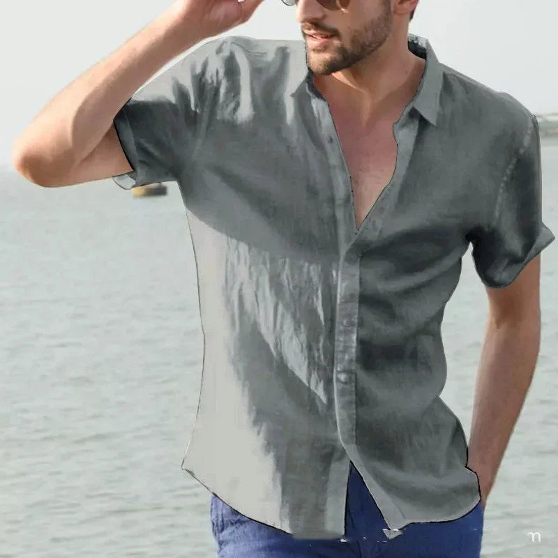 Men's summer breathable thin trendy short-sleeved cardigan casual lapel solid color shirt suitable for outdoor activities