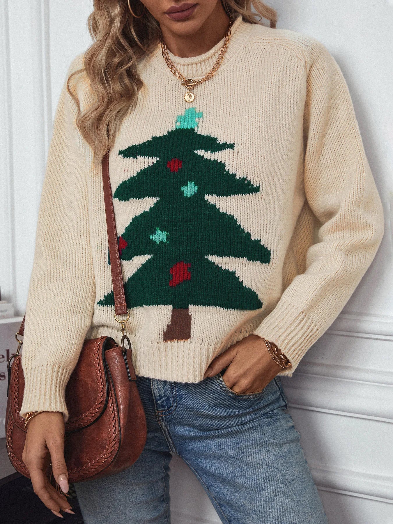 Drizzle Christmas tree pullover sweater for women Autumn and winter round collar loose holiday knitwear for women - reetell