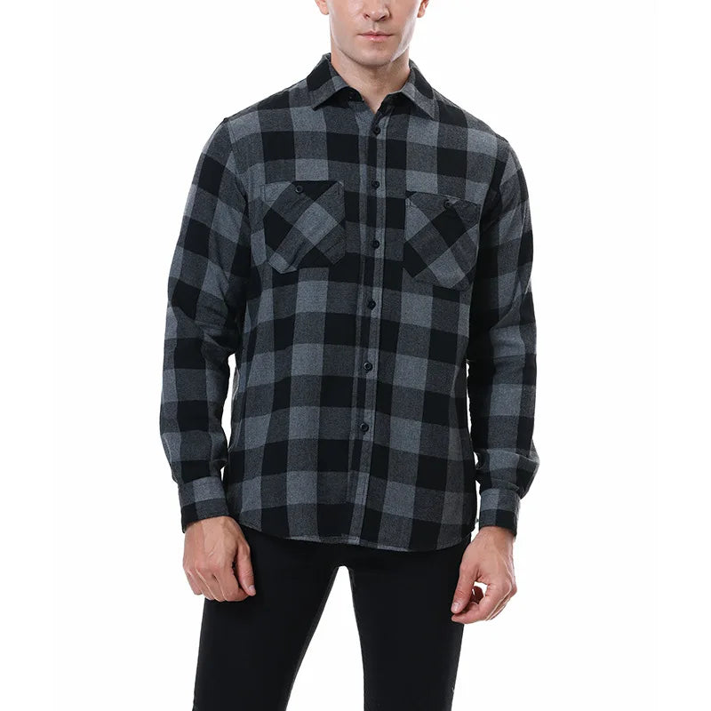 2023New Men Casual Plaid Flannel Shirt Long-Sleeved Chest Two Pocket Design Fashion Printed-Button