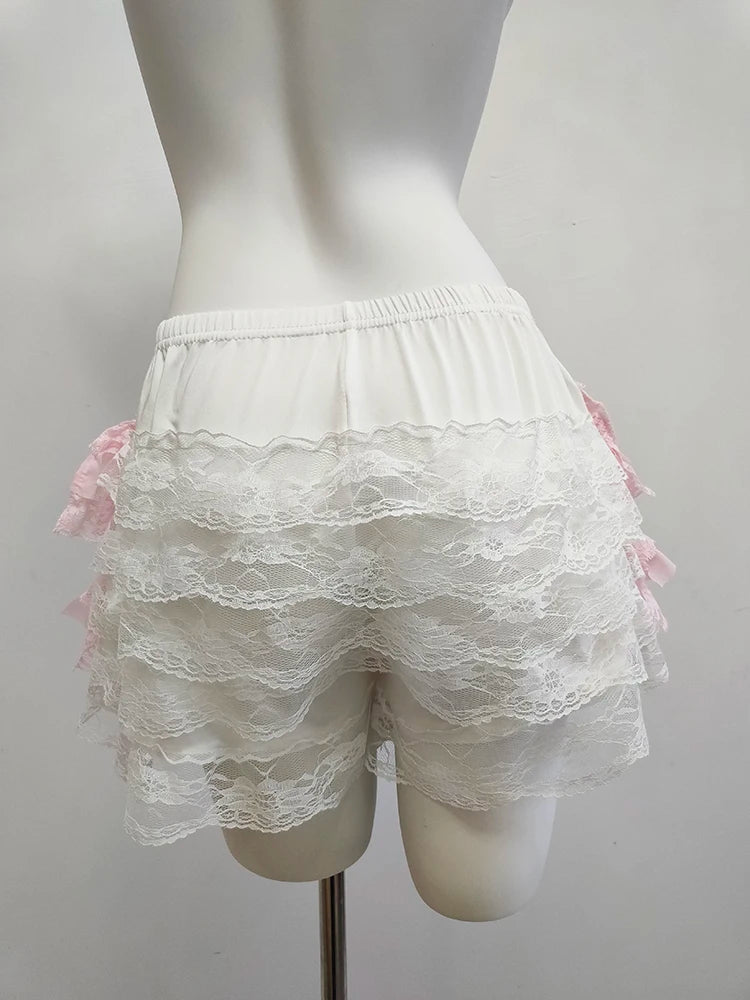 Cute Lace Shorts Women Ribbons Flowers Elastic Waist Lolita Style Multilayer Bottoming Shorts for Sweet Girls Kawaii Clothes - reetell