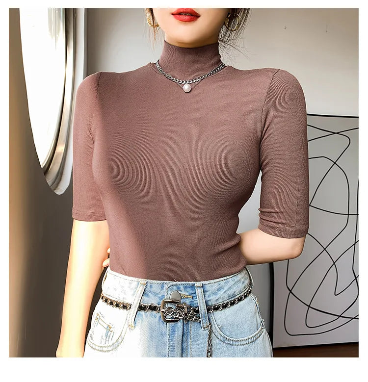 Basic Cotton T Shirt Women Turtleneck Slim Tshirt Short Sleeve T-shirts Female Casual Elasticity White Tee Shirt Femme Woman Top - reetell