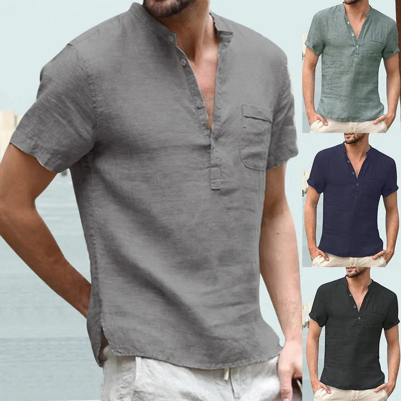 High Quality New Men'S Linen V Neck Bandage T Shirts Male Solid Color Long Sleeves Casual Cotton Linen Tshirt Tops