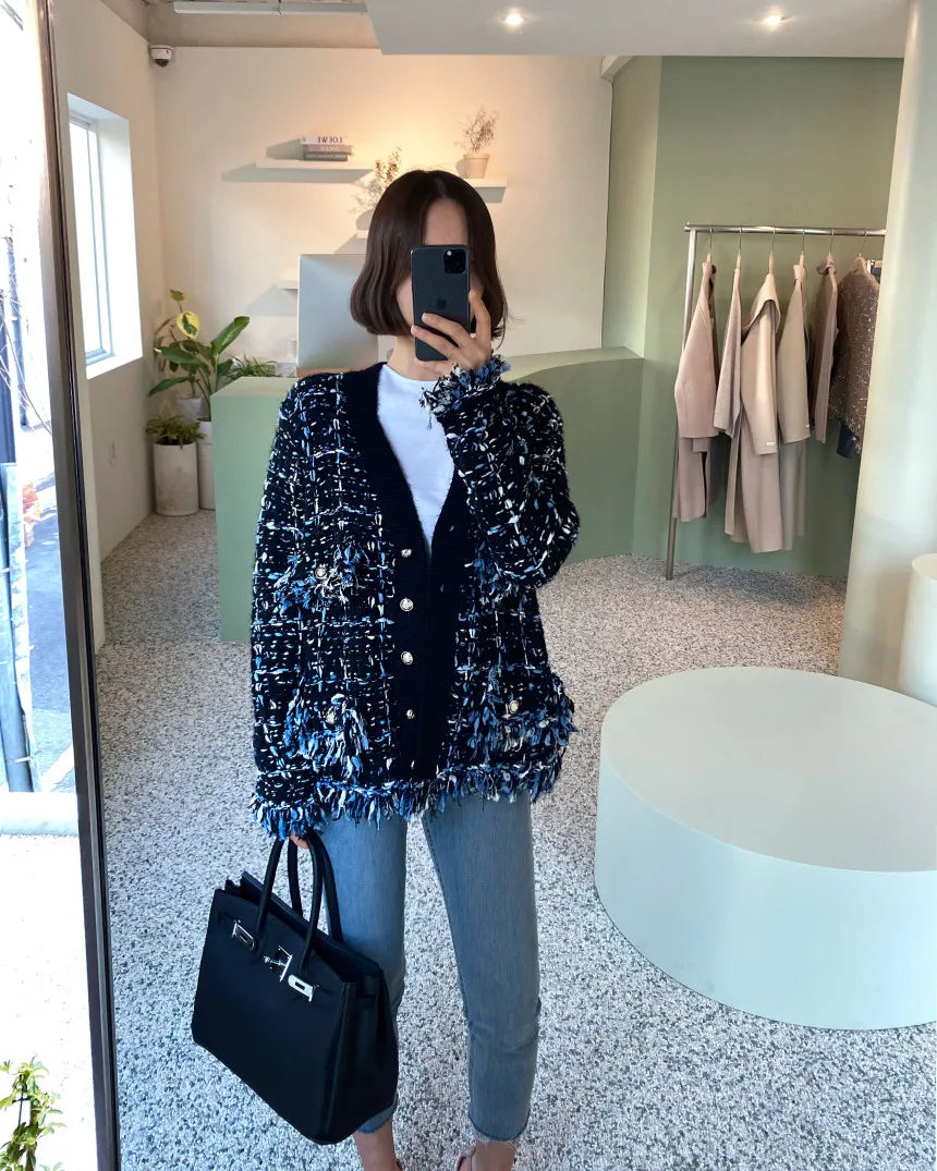 Korea Chic Autumn Winter V-Neck Tassel Wool Mixed Color Knitted Cardigan Coat Women's Loose Long Sleeve Sweater Knitwear 2023 - reetell