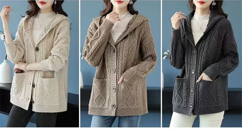 Hooded Sweater Spring And Autumn Mother Sweater Jacket Female Jacket 2023 New Loose Pocket Zipper Knitted Cardigan Mom HoodyCoat - reetell