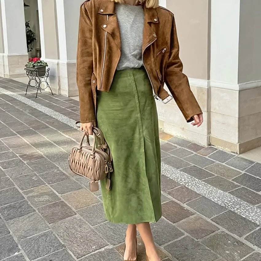 Fashion High Waisted Suede Straight Leg Skirt Women Spring Autumn Green Elegant Split Ziped Slim Mid Length Skirts Female New - reetell