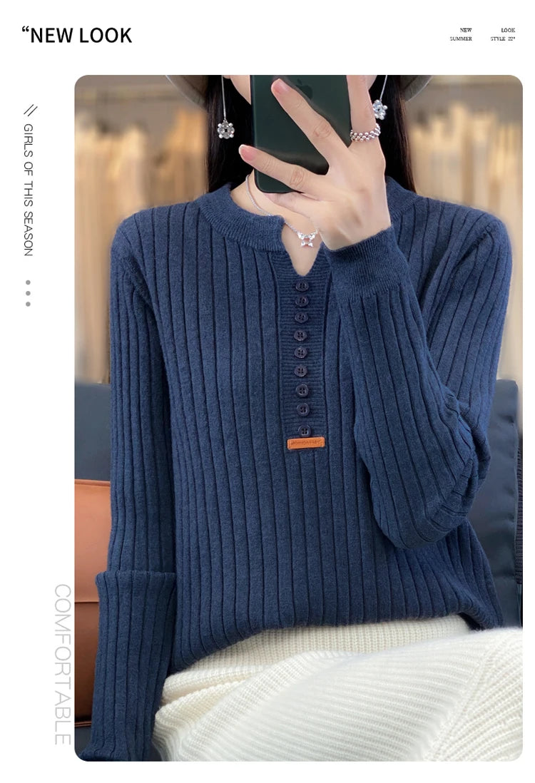 Women's Sweater Autumn/Winter New Solid Color Knitwear V-Neck Pullover Ladies Clothes Fashion Blouse Korean Style Loose Tops - reetell