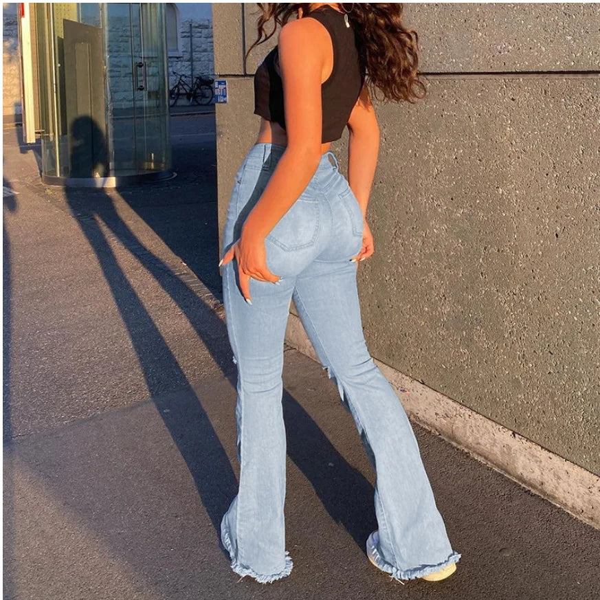 2023 New High Waist Ripped Boot Cut Jeans For Women Fashion Stretch Knee Ripped Denim Flared Pants Casual Female Trousers S-2XL - reetell