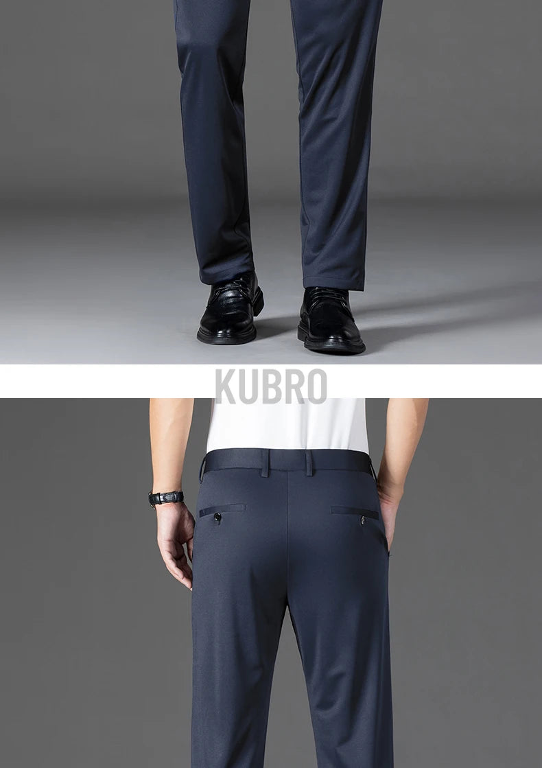 KUBRO Men's Summer Thin Fashion Business Casual Suit Pants Long Pants Men's Elastic Straight Sleeve Formal Pants Plus Size 2024 - reetell