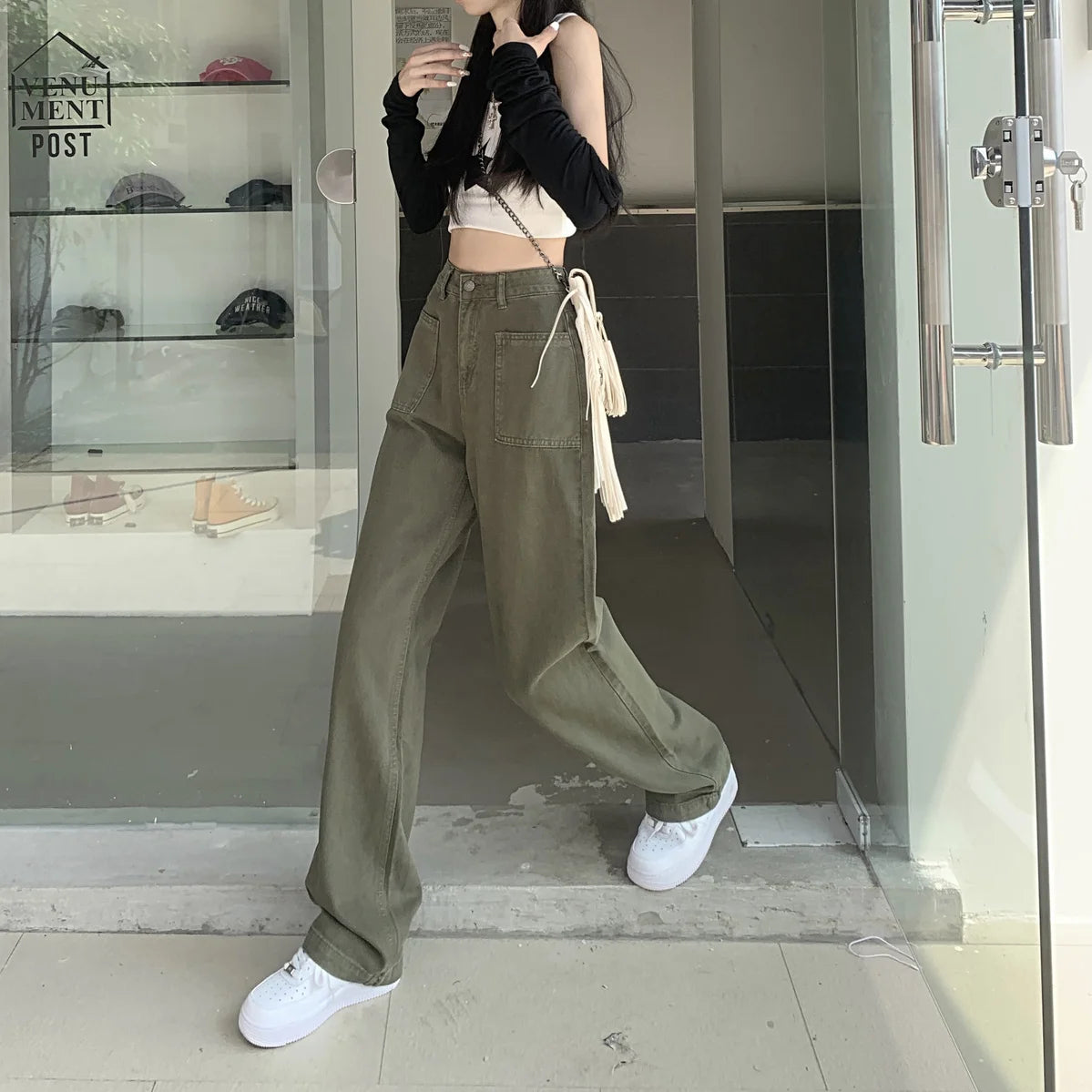 Military Green Jeans for Women High Waist Wide Legs Straight Leg Loose and Hanging Feeling Floor Length Pants High Street Trend - reetell