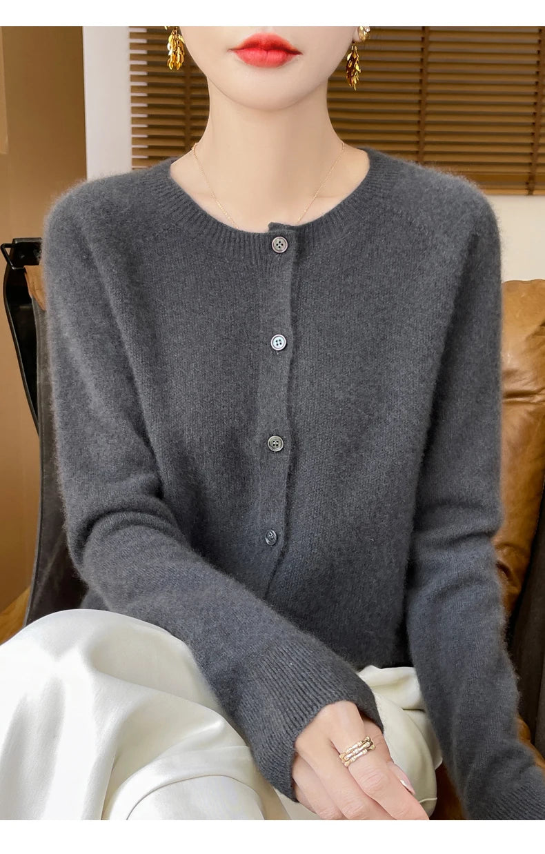 100% Merino Wool Long Sleeve Sweaters Cashmere Cardigan Spring Autumn Women O-Neck Knitwear Tops Clothing Fashion Basic Tops - reetell