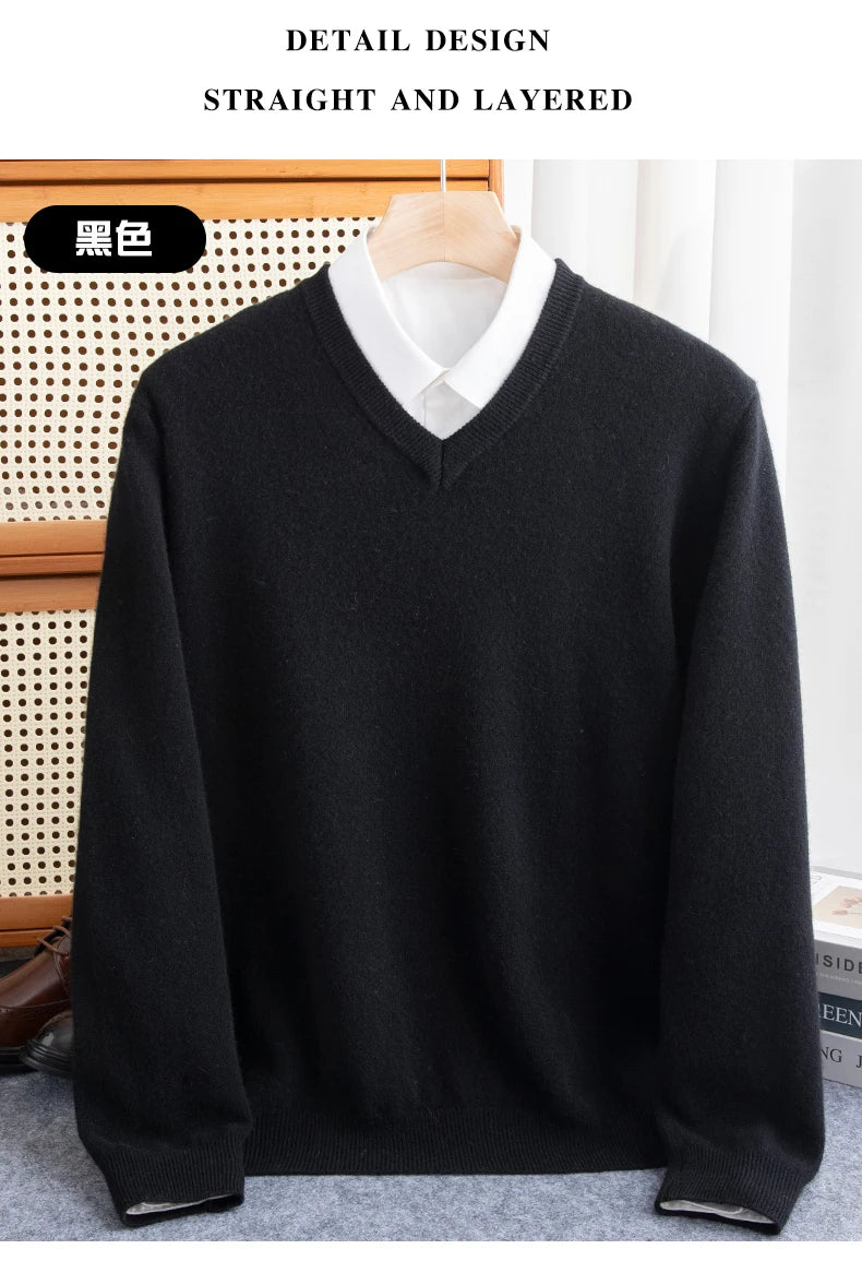 Men 100% Merino Wool Sweater V-Neck Pullover Autumn Winter Cashmere Warm Solid Knitwear Clothes Business Bottoming Soft Tops - reetell