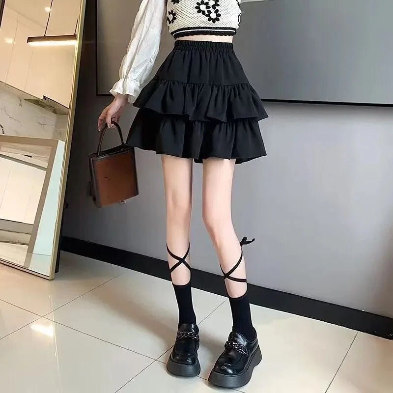 Sweet Cake A-line Skirt Black Women Cute Pleated Puffy Skirt Elastic Waist Preppy Style Solid Color Casual Korean Fashion Casual - reetell