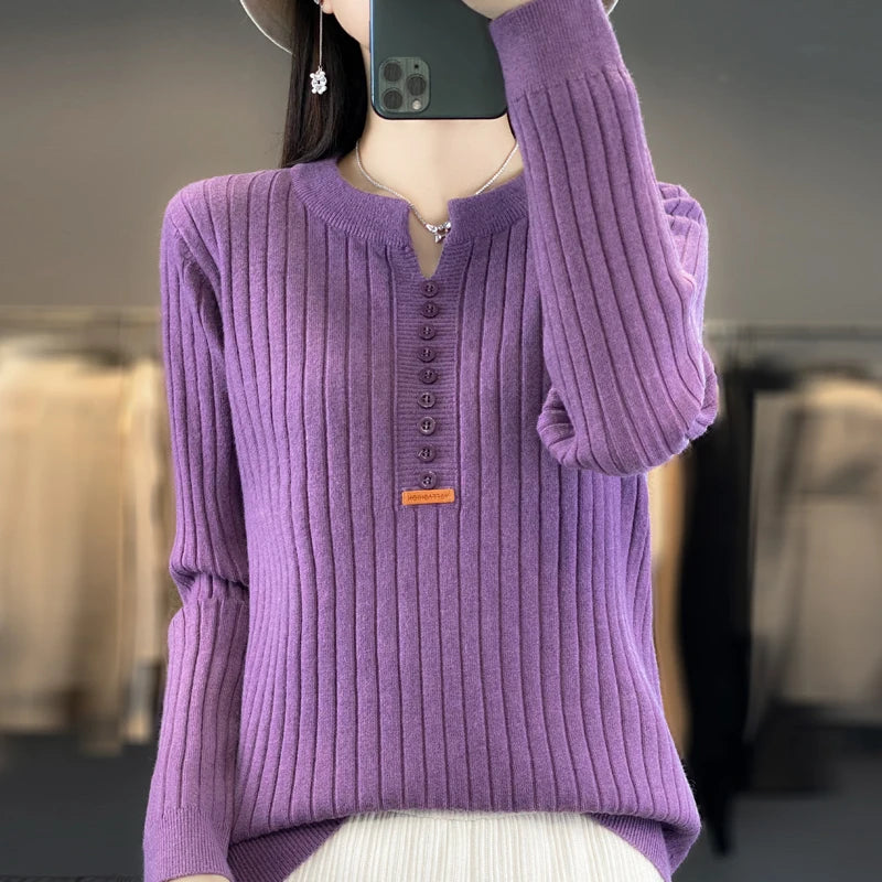 Women's Sweater Autumn/Winter New Solid Color Knitwear V-Neck Pullover Ladies Clothes Fashion Blouse Korean Style Loose Tops - reetell