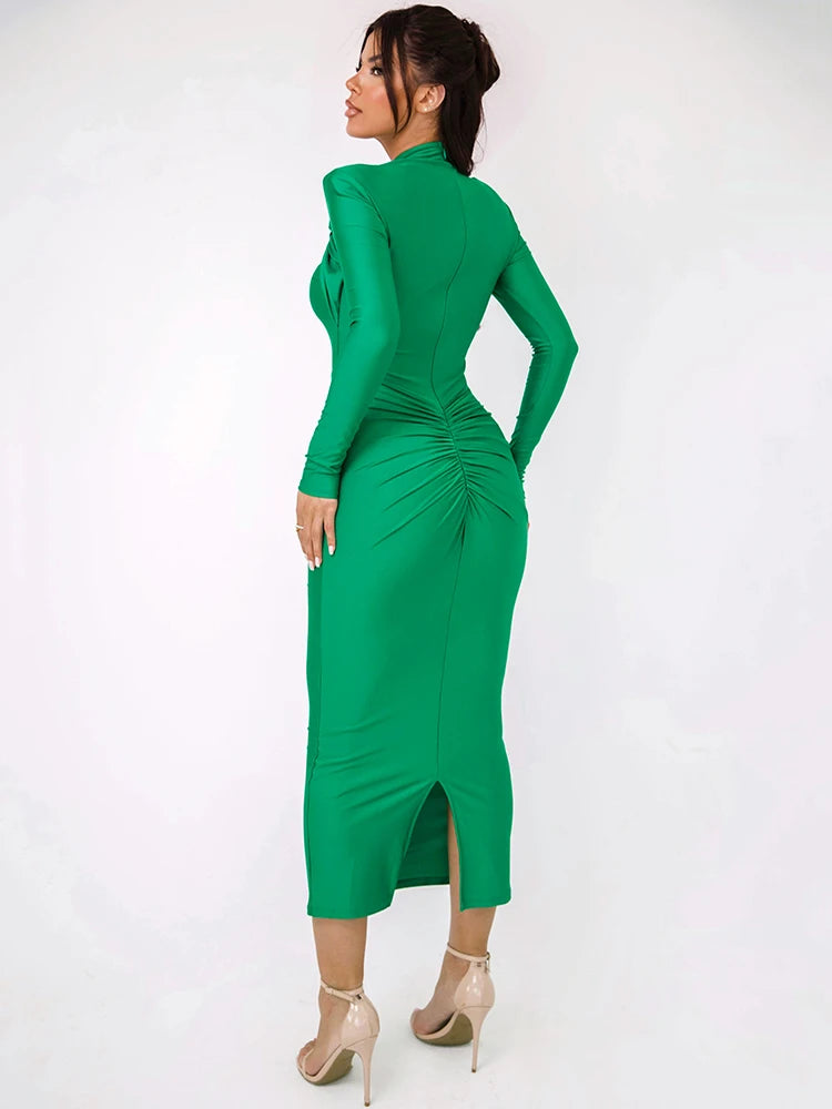 Mozision Hollow Out Long Sleeve Sexy Maxi Dress For Women Gown Autumn Winter New Metal Buckle Ruched Slit Long Dress Elegant - reetell