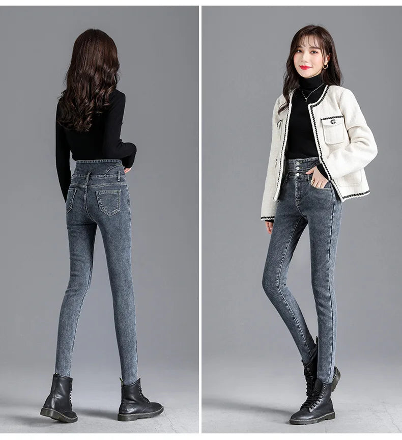 Thermal Winter Thick Fleece High-waist Warm Skinny Jeans Thick Women Stretch Button Pencil Pants Mom Casual Velvet Jeans - reetell