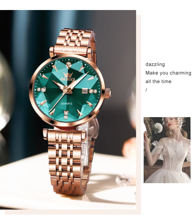 OLEVS 5536 Luxury Brand Diamond Quartz Women's Watch Fashion Elegant Rose Gold Waterproof Women's Watch Bracelet Set Reloj Mujer