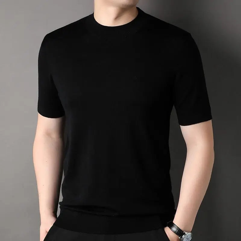 Worsted Mercerized Men Summer Short Sleeves T-shirt Versatile Fashion Male Clothing Half Turtleneck Casual Basic Knitted Tops - reetell