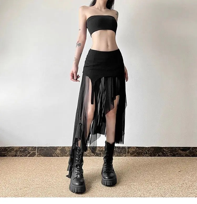 Women Clothes Vintage Y2K Harajuku Aesthetic Fairy Asymmetrical Skirts Summer Female Sexy Split Solid High Waist Slim Midi Skirt - reetell