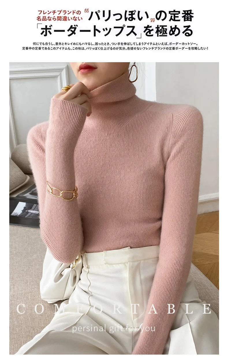 Women Sweater Winter Cashmere Turtleneck Warm Knitwear Korean Casual Solid Bottoming Shirt Fashion Knit Pullovers Brown Sweater - reetell