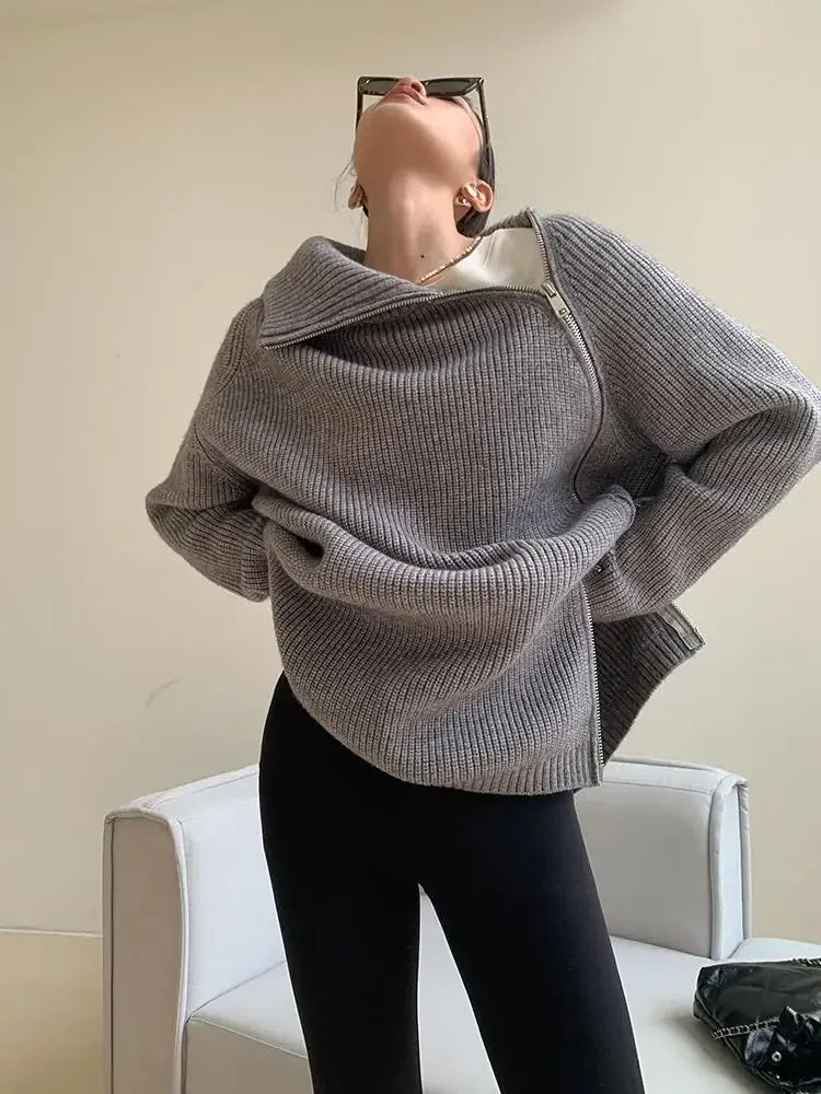 2023 Winter Women's Turtleneck Zipper Oversize Fashion Sweaters Autumn New Knitwears Loose Thick Warm High Neck Solid Pullovers - reetell