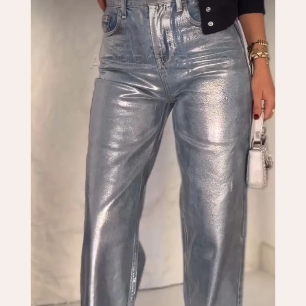 Straight Jeans For Women High Waist Patchwork Vintage Chic Jean Female Fashion Clothes Streetwear Y2K Metallic Clothing 2024 - reetell