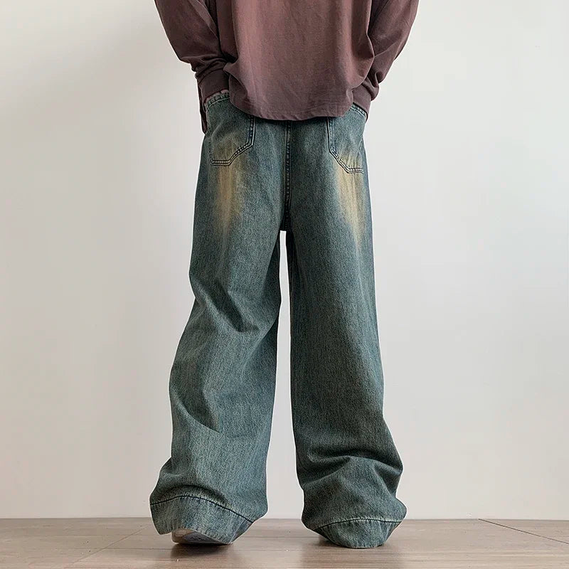 Distressed Vintage Blue Jeans Pants Men Wide-leg Denim Trousers Male Oversize Streetwear Fashion Casual Baggy Straight Jeans - reetell