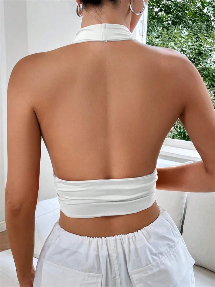 Sleeveless Backless Deep V-neck Halter Top Women Summer 2024 Club Party Sexy Solid Color Crop Tops Streetwear Y2K Clothes - reetell