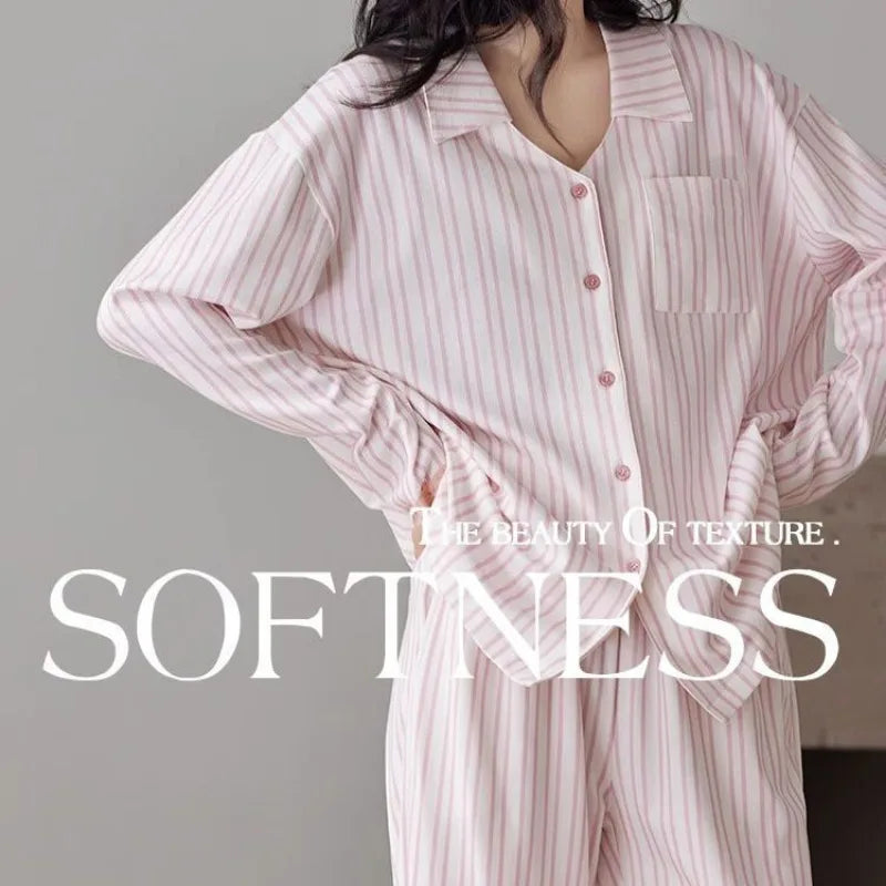 Striped Pajamasr Women Spring Autumn 2024 New Loungewear Cardigan Long Sleeved Cotton Sleepwear Lace V-neck Casual Homewear