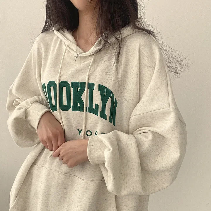 BROOKLYN Letter Print Hoodies Women Retro Chic Long Sleeve Loose Pullovers 2024 Harajuku Casual Hooded Sweatshirt Y2K Streetwear - reetell