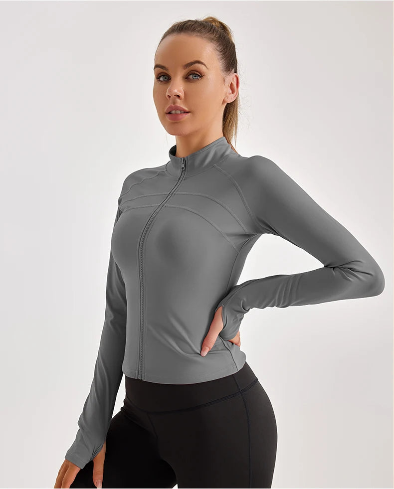 High Elasticity Long Sleeve Quick Dry Soft Fabric Anti-piling Sun-proof Yoga Coat Women Zipper Fitness Black White Yoga Jacket