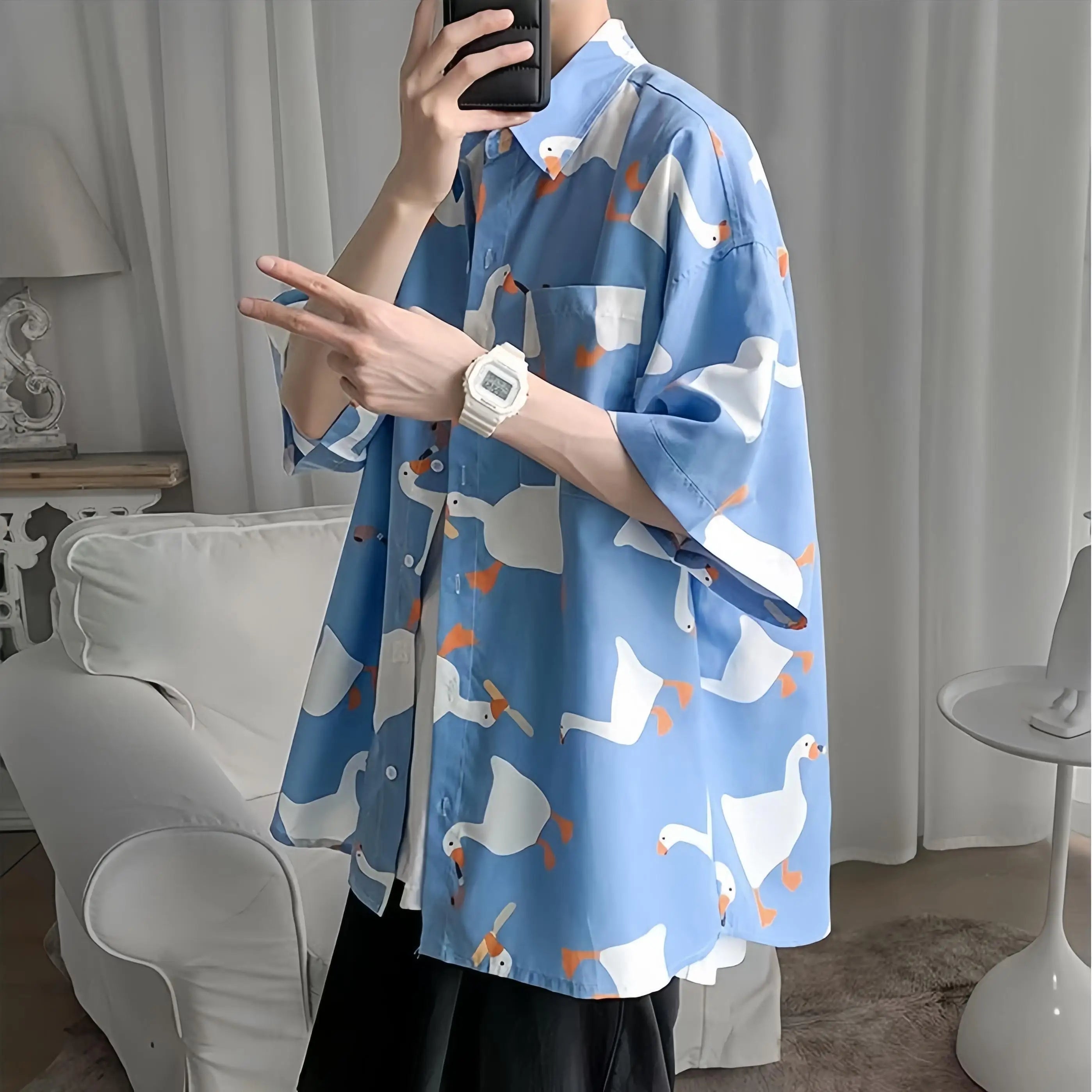 Men's Summer Thin Short Sleeve Shirt Loose Fit Casual Versatile Tops Fashion Goose Print Button Pockets Hawaiian Beach Shirt - reetell