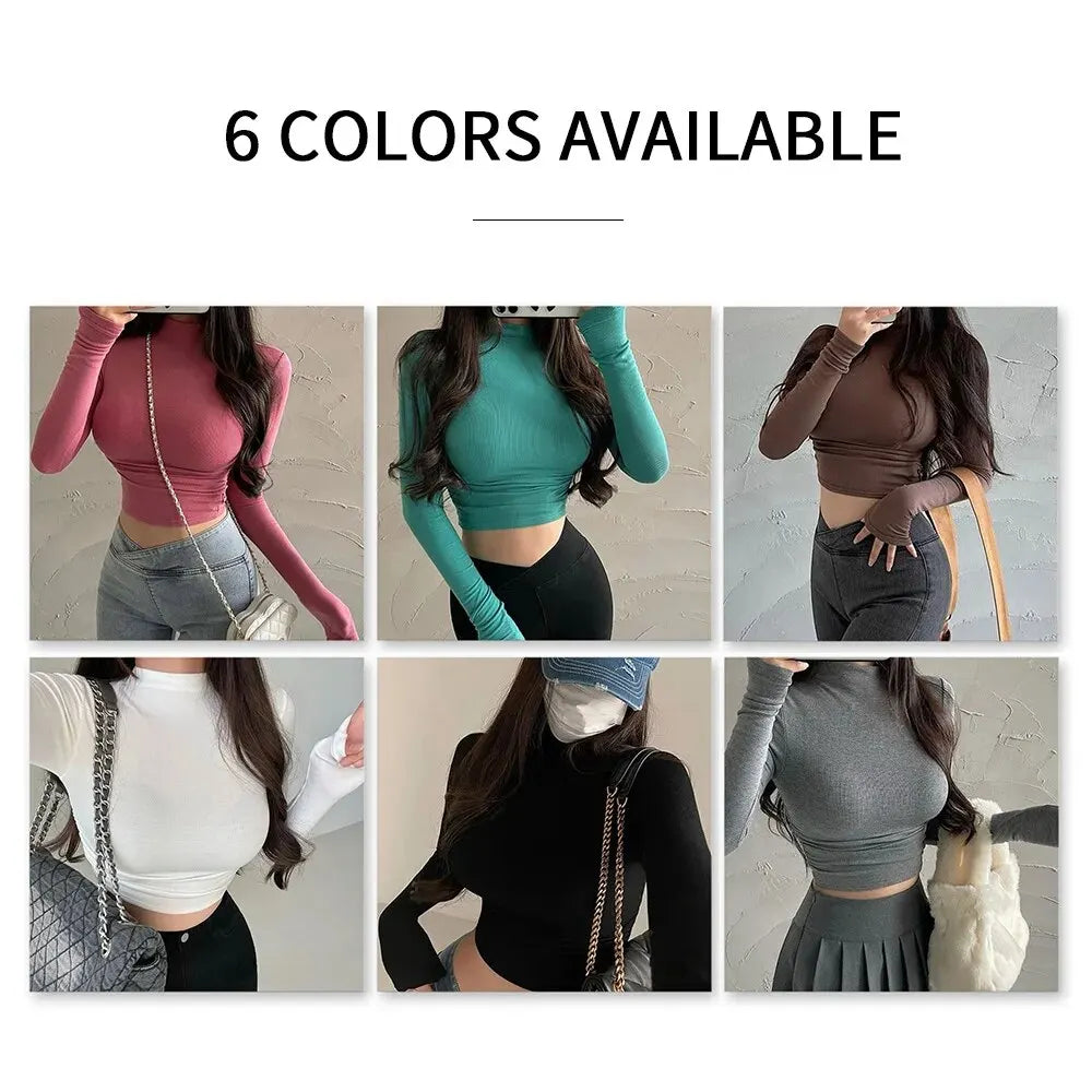 Womens Long Sleeve Turtleneck T Shirts Ribbed Tight Knit Sexy Slim Fitted Casual Women's Basic Crop Tops Cropped T-Shirt - reetell