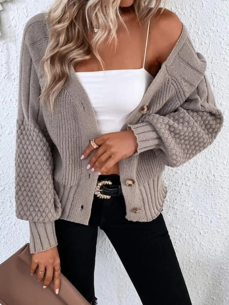 Women's autumn and winter V-neck solid color long sleeve cardigan texture knit cardigan button sweater coat - reetell