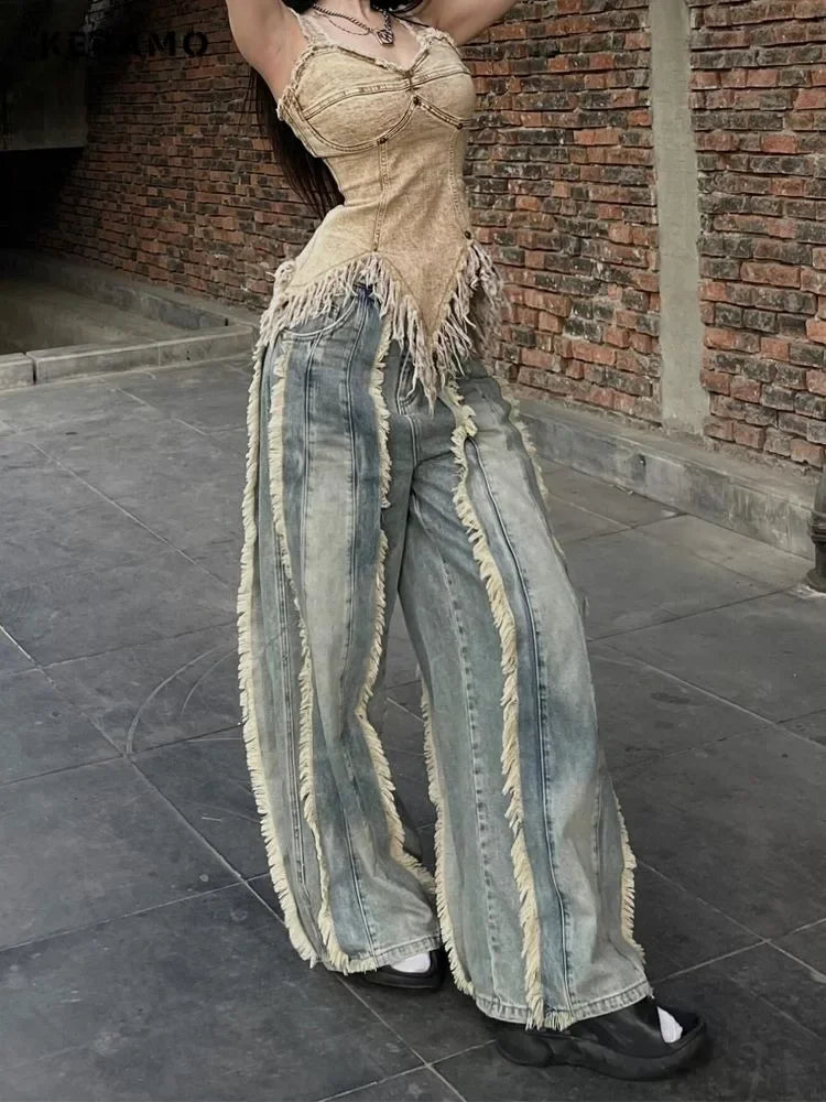 Women's Washed Y2K Baggy Japanese 2000s Denim Trouser Vintage Casual Tassels Pants Female Street Trashy Retro High Waist Jeans - reetell