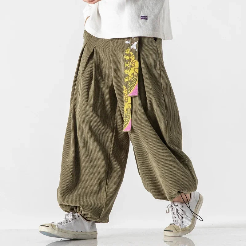 Chinoiserie Belt Men Pants Fashion Loose Harajuku Sports trousers Hip Hop Jogging Pants Corduroy Casual Couple Harem Pants M-5XL