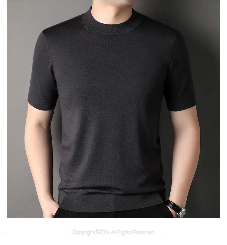 Worsted Mercerized Men Summer Short Sleeves T-shirt Versatile Fashion Male Clothing Half Turtleneck Casual Basic Knitted Tops - reetell