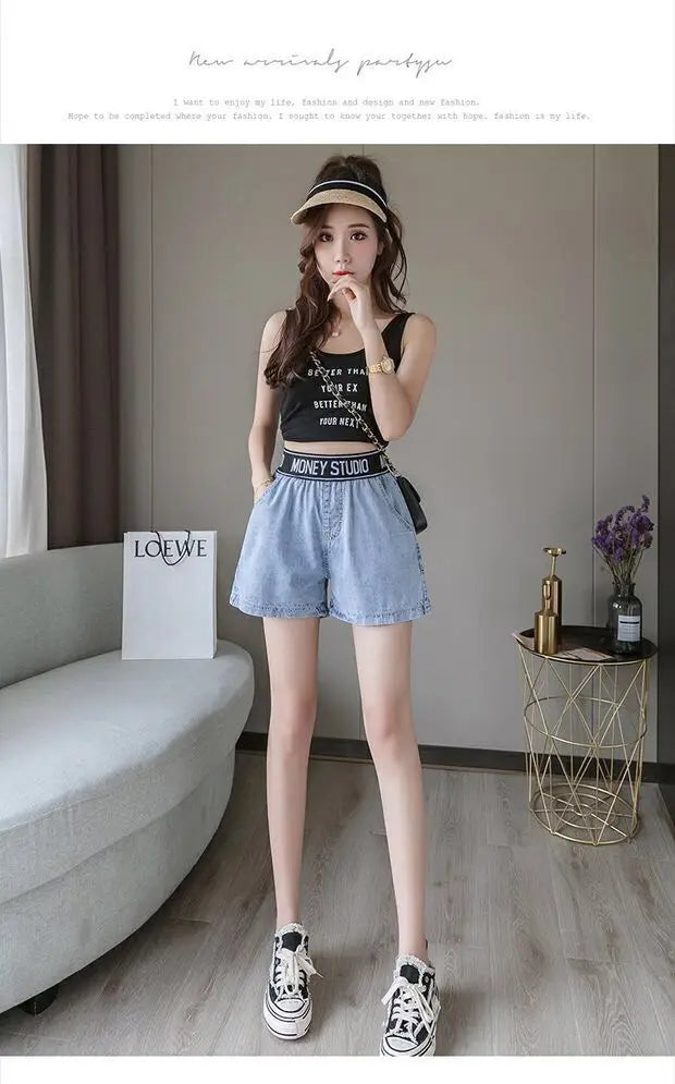 2023 New Elastic Waist Denim Shorts Women's Summer High Waist New Versatile Casual Loose Simple Academy Style - reetell