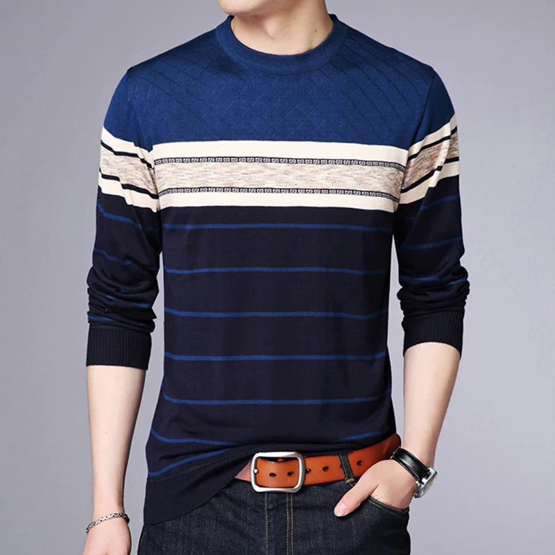 Men's Casual Striped Knit Spring and Autumn Long Sleeved Pullover Fashion Top - reetell