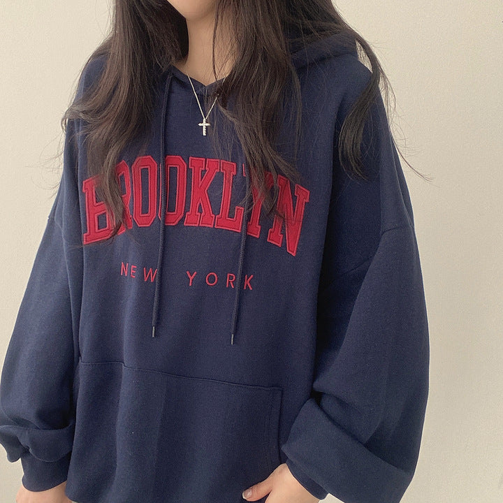 BROOKLYN Letter Print Hoodies Women Retro Chic Long Sleeve Loose Pullovers 2023 Harajuku Casual Hooded Sweatshirt Y2K Streetwear - reetell